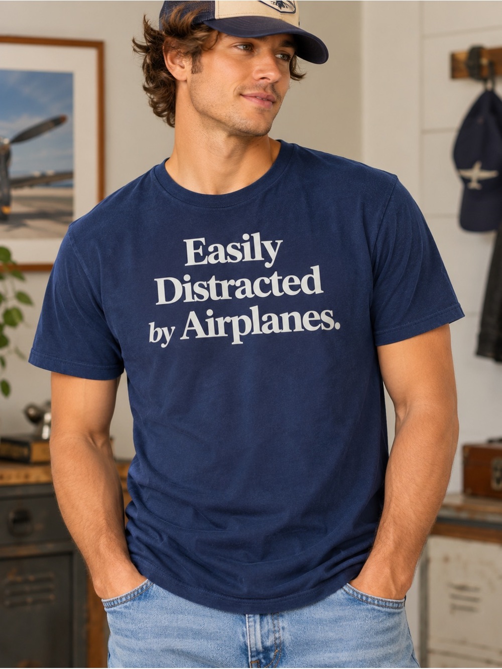 Airportag "Easily Distracted by Airplanes" Navy Blue T-Shirt mens Size M
